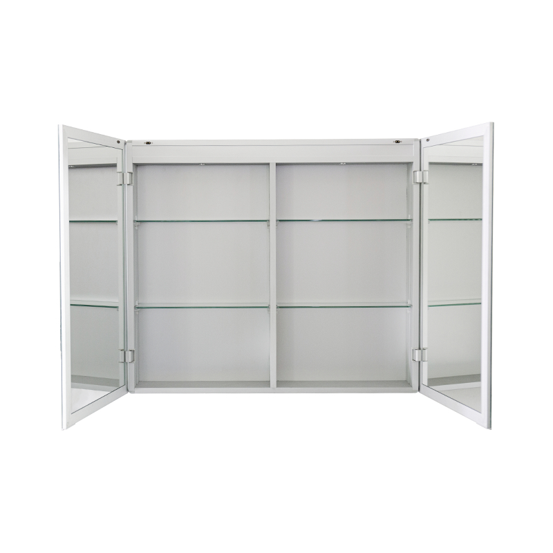 Gabinete inteligente con espejo retroiluminado de doble puerta y interruptor magnético Gabinete inteligente con espejo retroiluminado de doble puerta y interruptor magnético